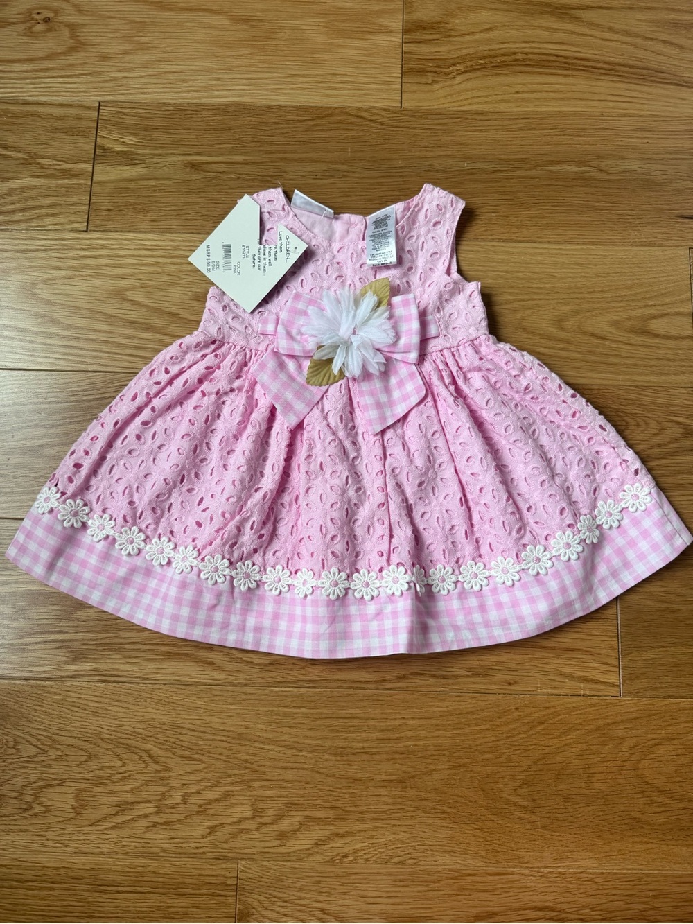 Blueberi Boulevard Pink Eyelet Gingham Flower Bow Dress